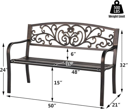 Patio Garden Bench Outdoor Metal Bench Park Yard Furniture Cast Iron Loveseats with Armrests for Porch Backyard Lawn Deck