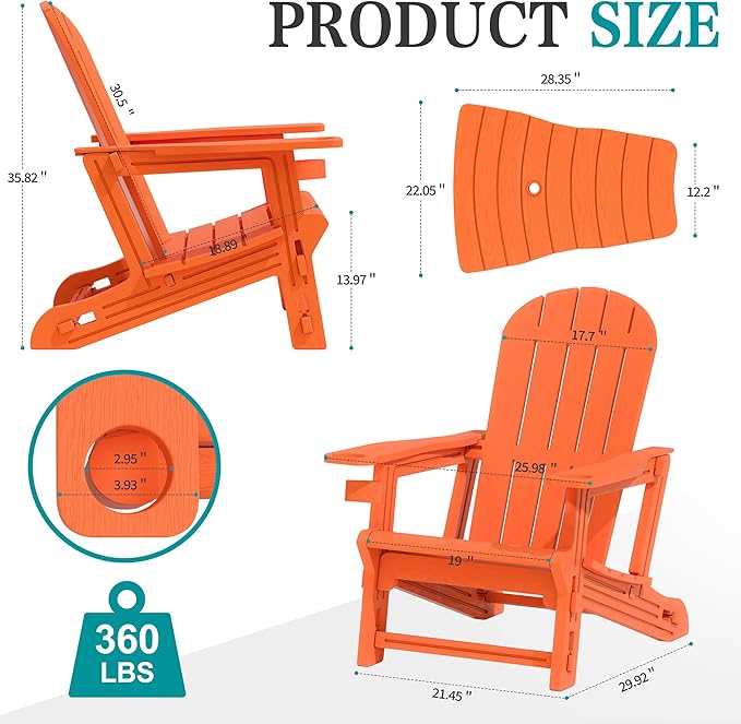 JY QAQA Outdoor Adirondack Chair Set of 2, All-Weather HDPE Patio Furniture with Detachable Table, Wood Texture & Cup Holder for Patio, Poolside, Garden, Orange