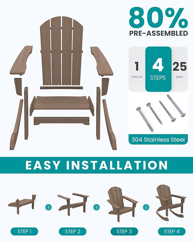SERWALL Outdoor Adirondack Rocking Chairs Set of 2, All-Weather HDPE Adirondack Rocker Chair, Front Porch Rocker Chairs for Patio Lawn Porch Deck, Coffee