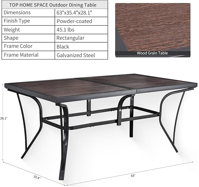 Outdoor Dining Table 63" Rectangular Metal Patio Dining Table for 6 with Wood Grain Tabletop Galvanized Steel Frame