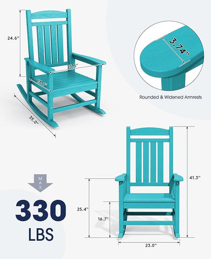 KINGYES Outdoor Rocking Chair Set of 2, HDPE Patio Rocking Chairs with 330lbs Support for Adults, Aruba Blue