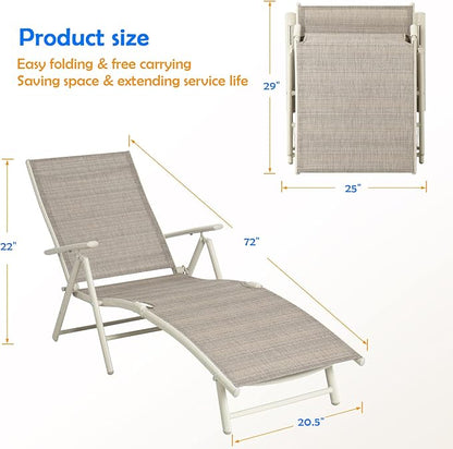 Devoko Lounge Chairs for Outside Patio Chaise Lounge Outdoor Poolside Adjustable Recliner Folding Lounge Chairs Set of 2 for Garden Beach (Beige)