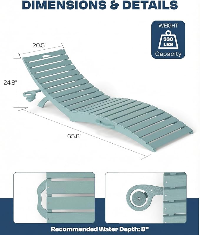 in-Pool Lounge Chairs Set of 2, Folding HDPE Pool Chairs Anti-Floating No Sandbags with Cup Holder & Handles, Outdoor Chaise Lounge for Poolside, Patio & Sun Deck(Light Blue)