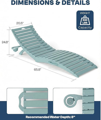 in-Pool Lounge Chairs Set of 2, Folding HDPE Pool Chairs Anti-Floating No Sandbags with Cup Holder & Handles, Outdoor Chaise Lounge for Poolside, Patio & Sun Deck(Light Blue)