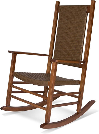 Shine Company Hampton Porch Rocker, High Back Wood Rocking Chair, Rattan Backrest & Seat, Oak