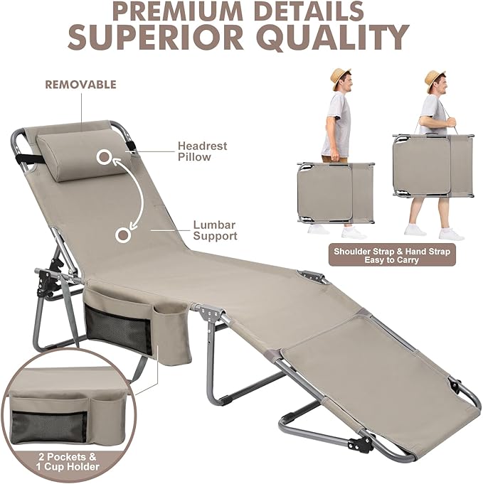 Oversized Extra Wide Tanning Chair with Sun Canopy Face Hole Padded Adjustable Washable, Heavy Duty Layout Folding Lounge Chair for Outside Beach Reading Sunbathing, UPF 50+, XL, Plus Size, 330 LBS