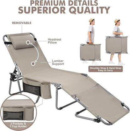 Oversized Extra Wide Tanning Chair with Sun Canopy Face Hole Padded Adjustable Washable, Heavy Duty Layout Folding Lounge Chair for Outside Beach Reading Sunbathing, UPF 50+, XL, Plus Size, 330 LBS