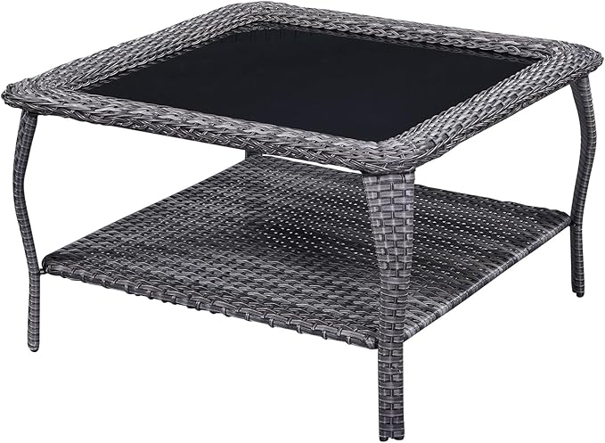 Rilyson Patio Tables Outdoor Coffee Table - Wicker Rattan Coffee Tables with 2-Tier Storage Shelf Glass Top for Proch - Photo 1