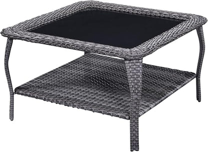 Rilyson Patio Tables Outdoor Coffee Table - Wicker Rattan Coffee Tables with 2-Tier Storage Shelf Glass Top for Proch Deck Balcony Garden Squre Mixed Grey