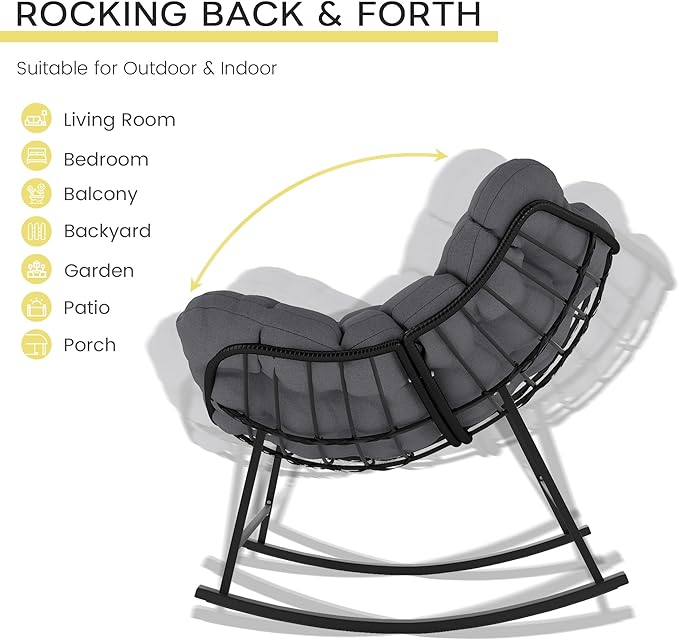 Kromax Oversized Outdoor Papasan Rocking Chair Set of 2, Wicker Egg Chair Rocker for Outside, Comfy Patio Rocker, Large Indoor Rocking Recliner, Modern Egg Style, Grey