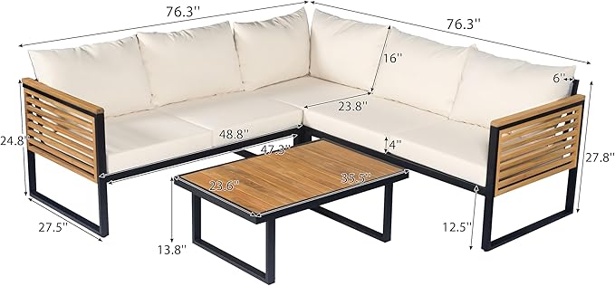 Industrial Acacia Wood Outdoor Sectional Corner Sofa Set with Cushions and Center Table - Patio Garden Balcony - Photo 3