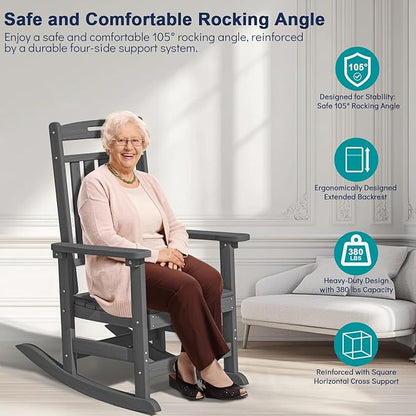 Plawdlik HDPE Rocking Chair,Oversized Outdoor Rocking Chair Set of 2,Patio Rocking Chair All Weather Resistant-Grey