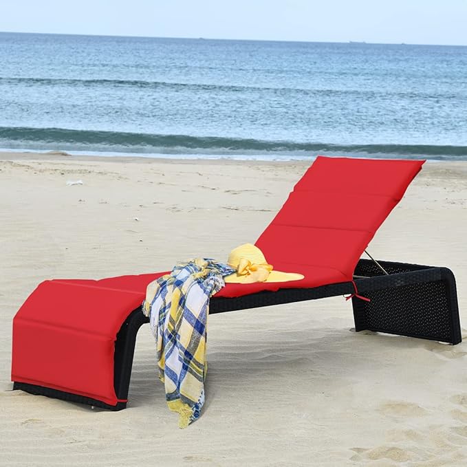 COSTWAY Patio Rattan Lounge Chair, Cushioned Chaise Recliner Chair with Adjustable Back, Garden Backyard Poolside (Red) - Photo 5