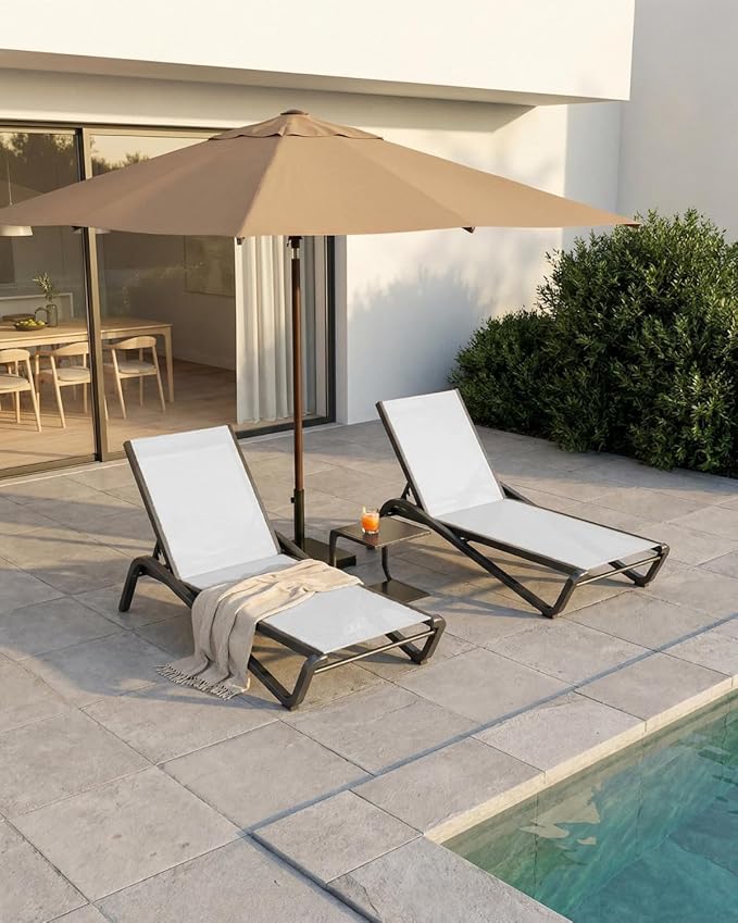 Lounge Chair Set of 2, Aluminum Chaise Lounge Outdoor with Side Table, Lightweight Lounge Chairs for Outside with 5 Adjustable Backrest, Pool Lounger for Poolside, Beach, Balcony (White)
