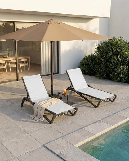 Lounge Chair Set of 2, Aluminum Chaise Lounge Outdoor with Side Table, Lightweight Lounge Chairs for Outside with 5 Adjustable Backrest, Pool Lounger for Poolside, Beach, Balcony (White)