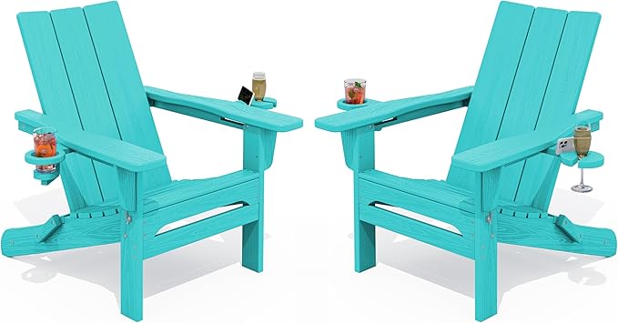 SERWALL Modern Adirondack Chair Set of 2, Folding Adirondack Chair with Cup Holders, Outdoor HDPE Adirondack Chair, Teal - Photo 1