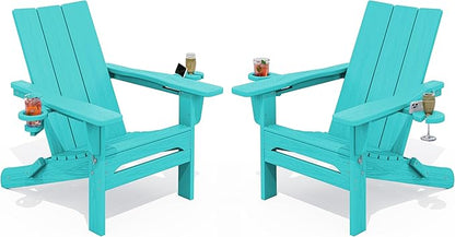 SERWALL Modern Adirondack Chair Set of 2, Folding Adirondack Chair with Cup Holders, Outdoor HDPE Adirondack Chair, Teal
