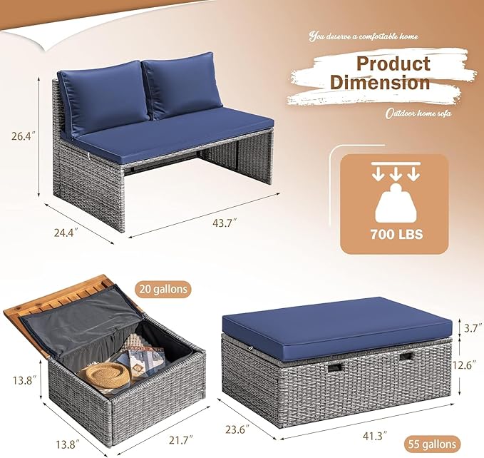Devoko Patio Day Bed Outdoor Daybed Set Multifunctional Rattan Lounge Bed with 2 Side Tables for Backyard Porch - Photo 5