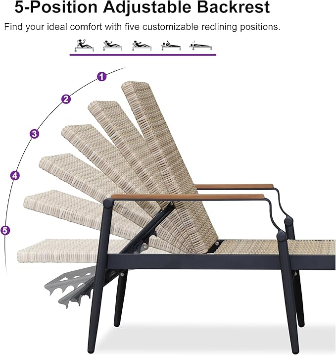 PURPLE LEAF Outdoor Chaise Lounge Chair Set of 2 Patio Pool Lounger Wicker Chairs with Wooden Armrest Sunbathing Tanning Recliner for Pool Backyard Garden Beige