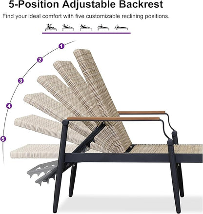 PURPLE LEAF Outdoor Chaise Lounge Chair Set of 2 Patio Pool Lounger Wicker Chairs with Wooden Armrest Sunbathing Tanning Recliner for Pool Backyard Garden Beige