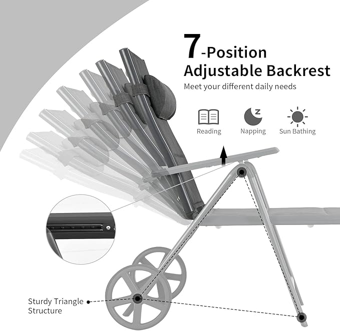 Tangkula Patio Chaise Lounge W/Wheels, Outdoor Folding Padded Lounge Chair W/ 7-Position Backrest, Removable Headrest, Aluminum Reclining Chair, Suitable for Deck, Porch, Poolside (1, Grey)