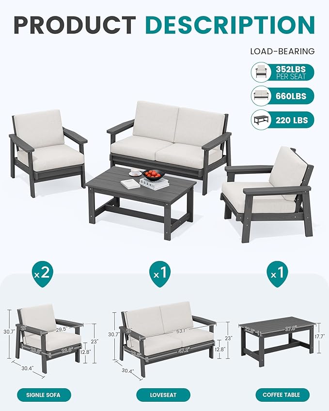 SERWALL HDPE Outdoor Furniture Set 4, All Weather Wood-Like Outdoor Sofa Sectional Couch - Photo 3