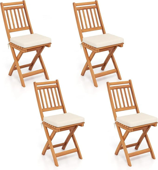 HAPPYGRILL Folding Patio Chairs Set Acacia Wood Outdoor Dining Chairs with Slatted Backrests and Soft Seat Cushions for Porch, Backyard and Garden, 400 LBS Weight Capacity (4,Back Style B)