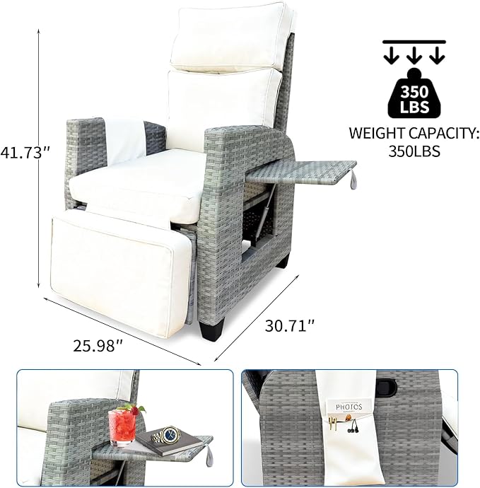 Wicker Outdoor Recliner | Outdoor Recliner Chair | Patio Recliner Chair with 4" Thick Cushion, Adjustable Backrest & Footrest, Flip-up Table & Side Pocket For Patio, Outdoor & Indoor (Gray&Beige)