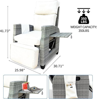 Wicker Outdoor Recliner | Outdoor Recliner Chair | Patio Recliner Chair with 4" Thick Cushion, Adjustable Backrest & Footrest, Flip-up Table & Side Pocket For Patio, Outdoor & Indoor (Gray&Beige)