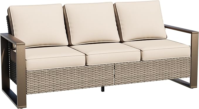 75" Patio Metal Wicker Sofa, All Weather Outdoor Rattan 3-Seat Sofa Couch with Premium Cushions & Rectangular Framed - Photo 1