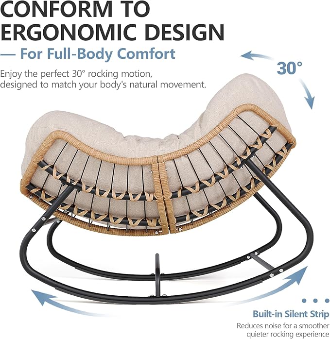 SWITTE Outdoor Rocking Chair, Oversized Patio Papasan Rocker, Comfy Wicker Reading Lounge, Indoor Egg Chair for Bedroom, Living Room, Porch, Garden, Lawn-Cream