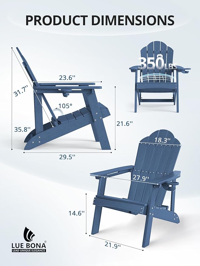 LUE BONA HDPE Adirondack Chairs Set of 2 - Weather Resistant Seating with Cup Holder for Porch, Poolside - Photo 2