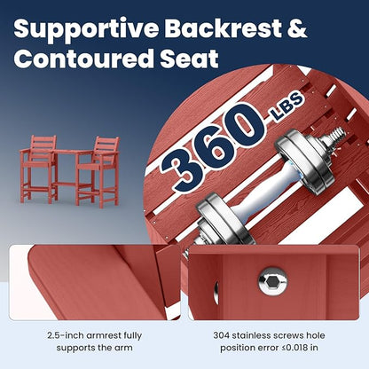PLUUV Tall Adirondack Chairs Set of 2, All Weather HDPE Poly Bar Height Balcony Adirondack Chair with Removable Double Connecting Trays, Outdoor Adirondack Barstools for Deck, Patio, Yard, Pool, Lawn