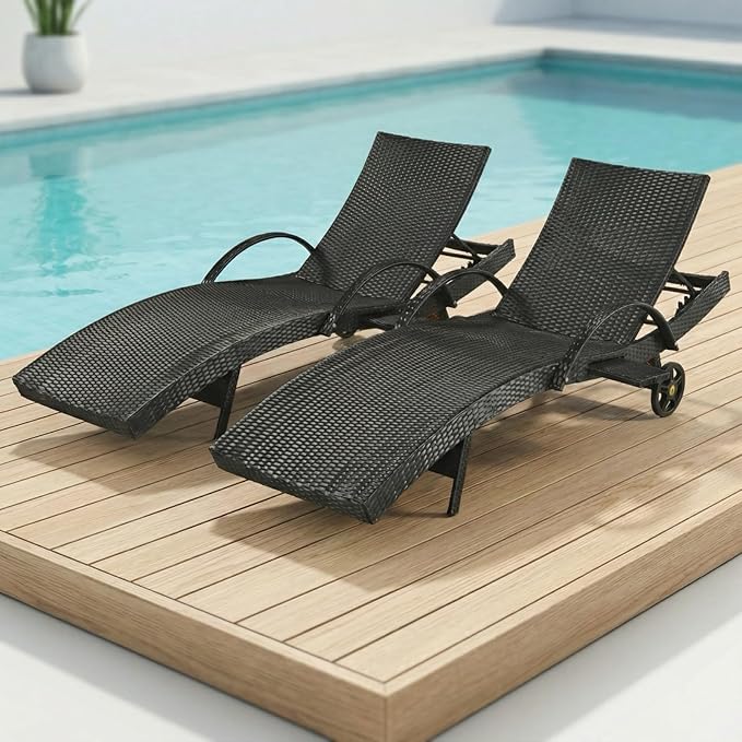 Set of 2 Outdoor Chaise Lounge Chairs with Wheels, Pull-Out Side Table, 5-Position Adjustable Backrest, All-Weather Wicker Patio Pool Lounge Chairs for Poolside, Backyard, Deck, Black