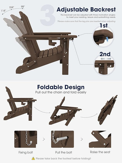KINGYES Folding Adjustable Adirondack Chair with Ottoman & 2 Cup Holders, HDPE Adirondack Recliner Chair with Footrest, Coffee