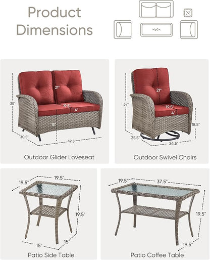 5 Pieces Patio Furniture Set-Outdoor Rocking Chairs Set of 2 Outdoor Glider Bench with Wicker Outdoor Coffee Table for Deck Lawn Porch Balcony Poolside-Grey/Red