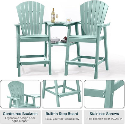 Tall Adirondack Chairs Set of 2, HDPE Balcony Chair with Double Connecting Tray, Weather Resistant Outdoor Adirondack Bar Stools for Patio, Deck, Patio, Backyard, Balcony.(Lake Blue)