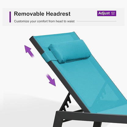 PURPLE LEAF Outdoor Lounge Chair Set of 3 Patio Chaise Pool Lounger Aluminum Frame with Side Table and Wheels for Outside Sunbathing Tanning Recliner Including Pillows Turquoise Blue
