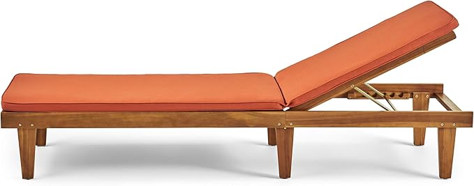 GDFStudio Noble House Nadine Outdoor Acacia Wood Chaise Lounge in Teak and Orange