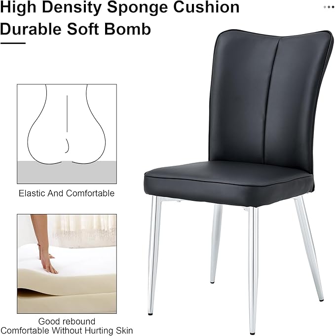 Modern Dining Chairs,Pu Upholstered Leather Chair And Sturdy Metal Legs,Comfortable Ergonomic Large Backrest Design,Applicable To Front Porch,Outdoor Lounge,Garden,Reception Room,Patio,BlackSilver-Met