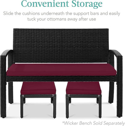 Best Choice Products Set of 2 Wicker Ottomans, Multipurpose Outdoor Furniture for Patio, Backyard, Additional Seating, Footrest, Side Table w/Removable Cushions, Steel Frame - Deep Burgundy/Black