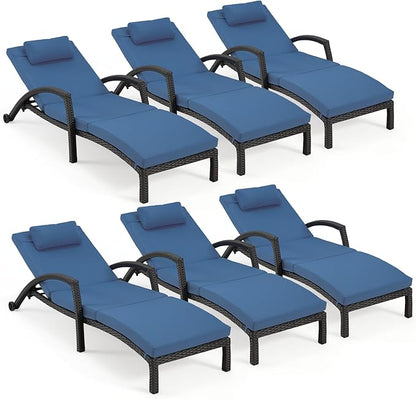 HOMREST Chaise Lounge Chairs Set of 6, PE Rattan Wicker Patio Lounge Chair with Adjustable 5 Position, Arm and Wheels for Poolside Backyard Deck Porch,Dark Blue