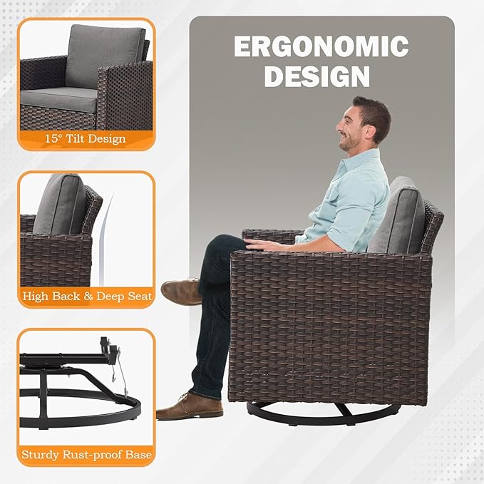 Patio Chairs Wicker Swivel Rocker - Oversize Patio Furniture Conversation Set Outdoor Swivel Glider 350LBS Max Load Outdoor Rocking Chairs with High Back for Porch Balcony Deck - Brown/Grey