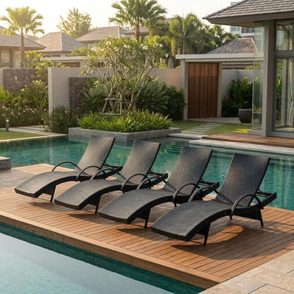 Wicker Outdoor Lounge Chairs with Pull Out Side Table, Pool Lounge Chairs Set of 4, Rattan Outdoor Lounger, Adjustable Backrest Patio Chaise Lounges for Garden, Backyard, Tanning Chair, Black