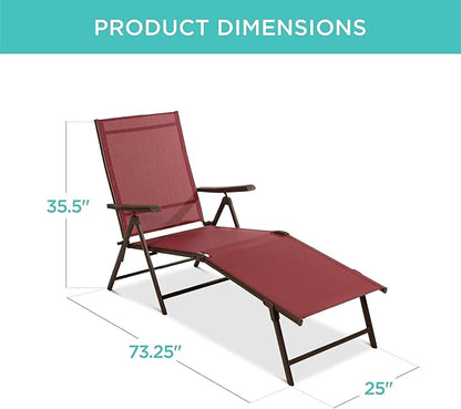 Best Choice Products Set of 2 Outdoor Patio Chaise Lounge Chair Adjustable Reclining Folding Pool Lounger for Poolside, Deck, Backyard w/Steel Frame, 250lb Weight Capacity - Red