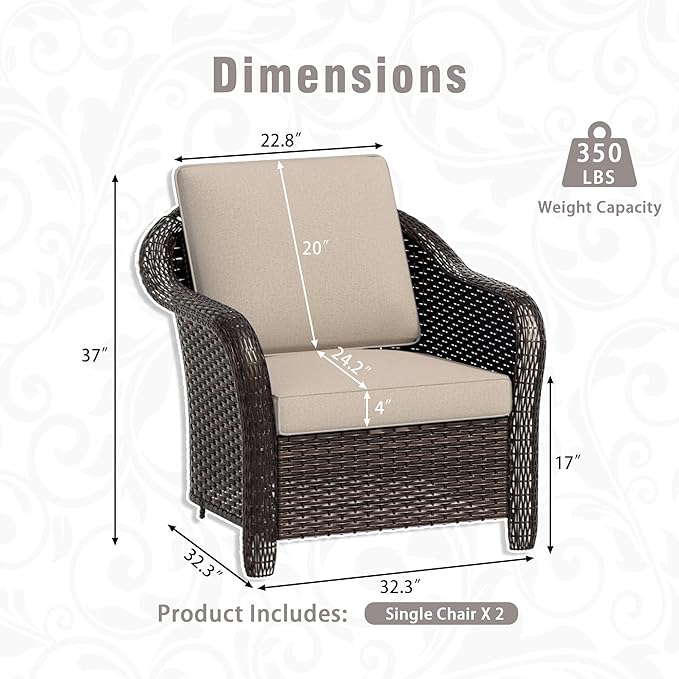 Outdoor Wicker Chair Set of 2, All-Weather Use Patio Rattan Chair with Seat and Back Cushion, Ideal for Porch, Backyard - Photo 3