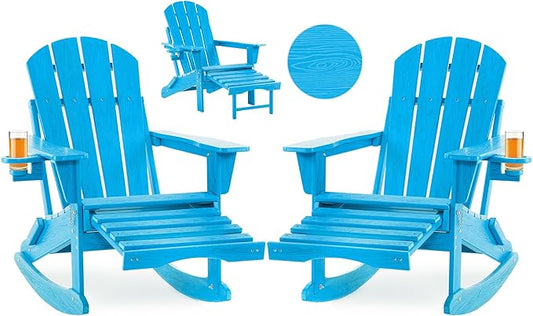 Folding Adirondack Rocking Chair Set of 2,4-in-1 Multifunctional Patio Chairs with Retractable Ottoman, Outdoor Chairs Wood Texture, Lawn Chair for Porch, Backyard, Pool(Pacific Blue)