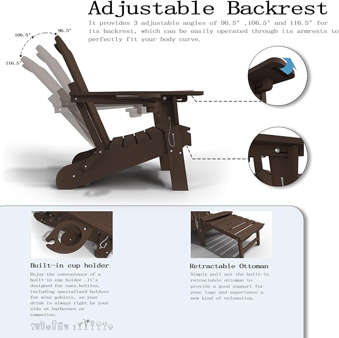 Adjustable Adirondack Chairs with Retractable Ottoman Set of 8, HDEP Folding Adirondack Chair with Footrest & Cup Holder, All Weather Fire Pit Chair for Outdoor,Brown