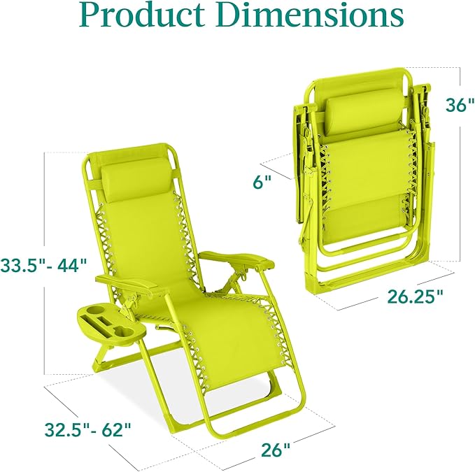 Best Choice Products Adjustable Zero Gravity Chair, Monochromatic Color Folding Patio Recliner w/Side Tray, Headrest - Neon