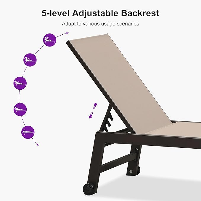 PURPLE LEAF Outdoor Chaise Lounge Chair Set of 2, Patio Pool Textilene Loungers with Adjustable Backrest and Wheels - Photo 6